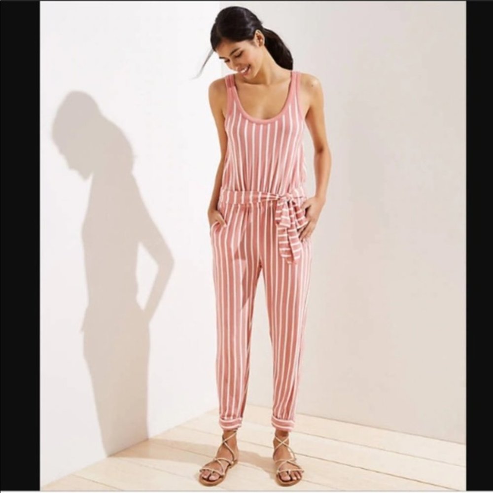 LOFT Beach Peach & White Stiped Jumpsuit - Small